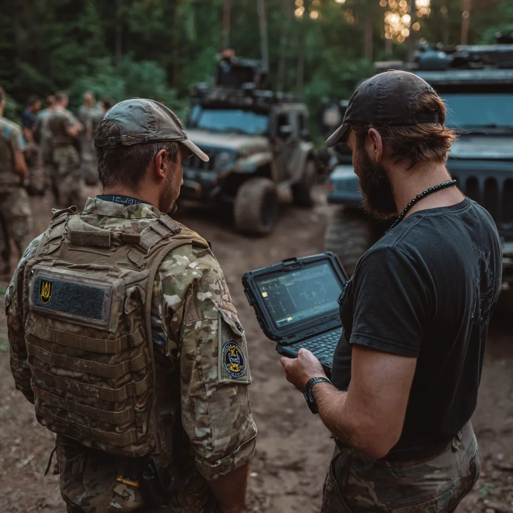 Unit commanders planning strategic upgrades using advanced technology.