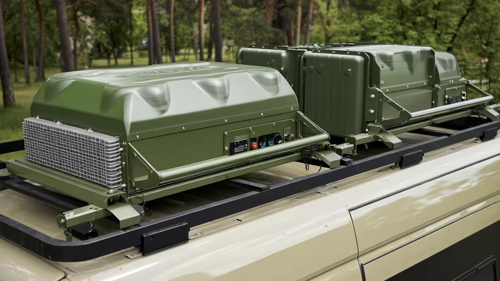Electronic warfare system deployed on the field.
